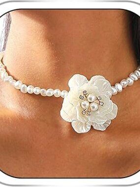 Stunning Pearl Choker with Flower Necklace Prom Wedding Everyday Boho